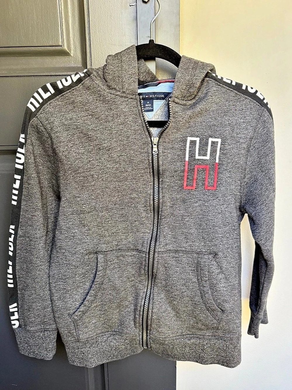 Tommy Hilfiger Boys Full Zip Logo Tape Hoodie Gray & White Medium